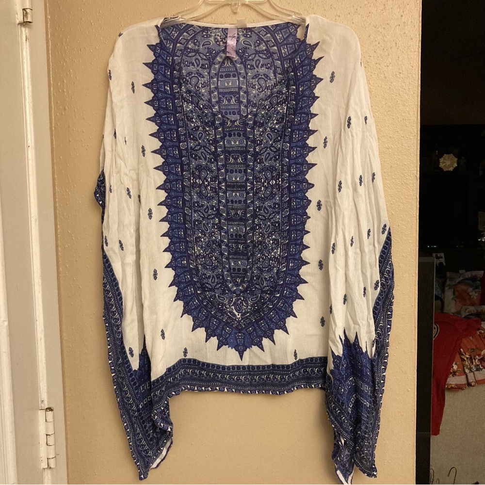 Bohemian Blue and White Kimono Top